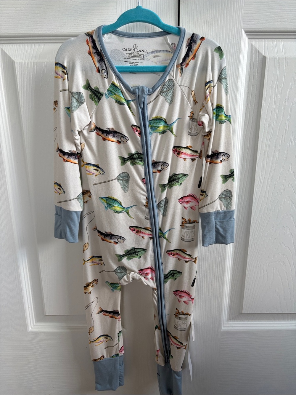 Caden Lane Cream Fish-Print Hooded Pajama Set with Blue Trim - Picture 1 of 5